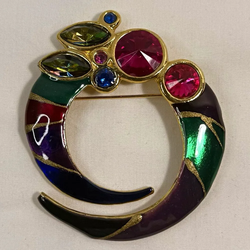 Vintage ECD Signed Enamel Rhinestone Brooch Gold Tone Multicolor 2”